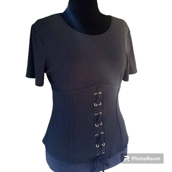 A.U.W. Tops - Black Corset Style Short Sleeve Top